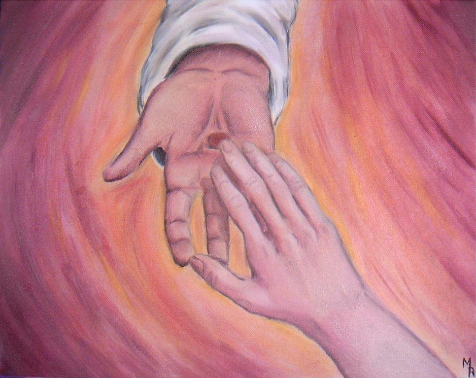 A depiction of Thomas touching Jesus' hand